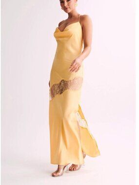 knee length dresses for ladies Claire Satin Drape Back Maxi Dress with Split - Green main image 0